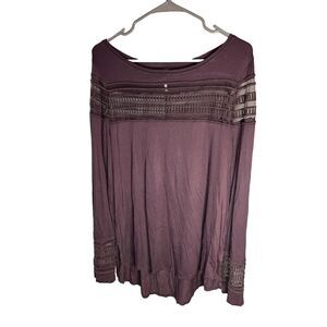 Free People Women's Purple Long Sleeve Lace Detail Blouse Size L